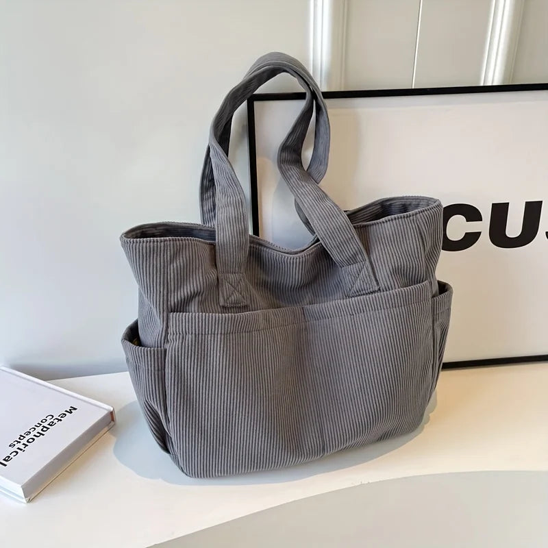 Large corduroy shoulder tote bag with multiple pockets