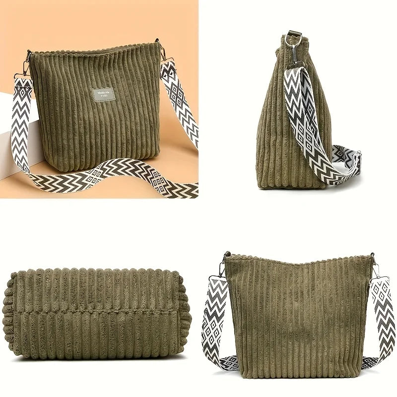 Large capacity corduroy shoulder handbag