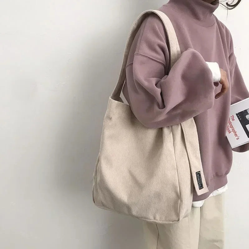 Large capacity corduroy shoulder tote bag for daily use