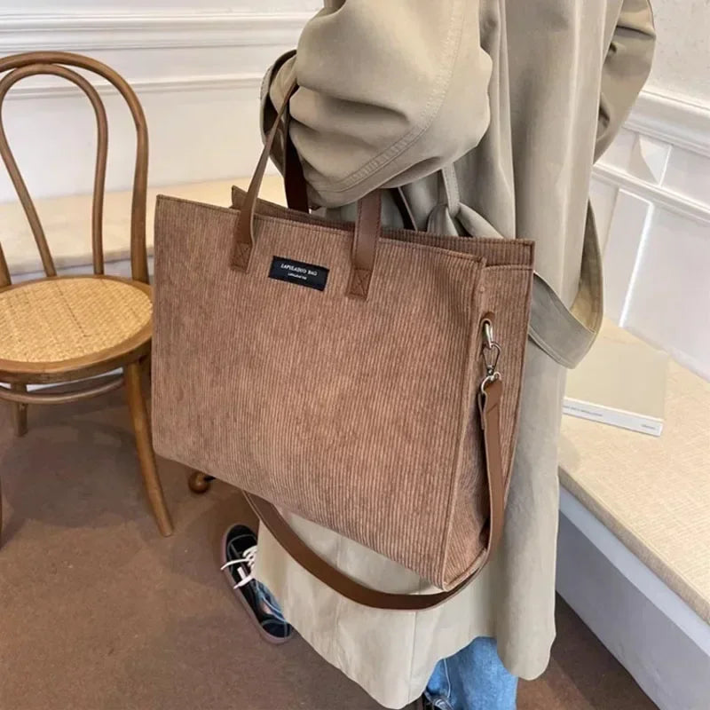 Elegant corduroy tote bag with leather handles