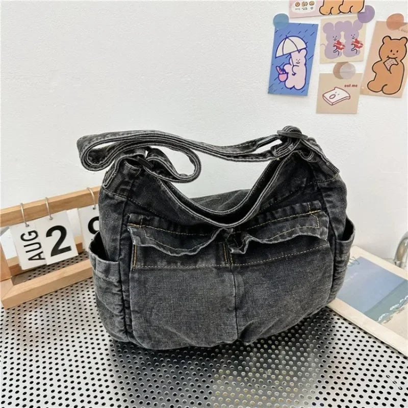 Denim top-handle handbag