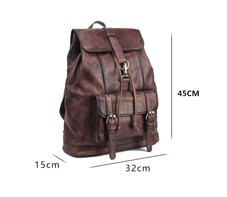 Retro leather rucksack with drawstring closure