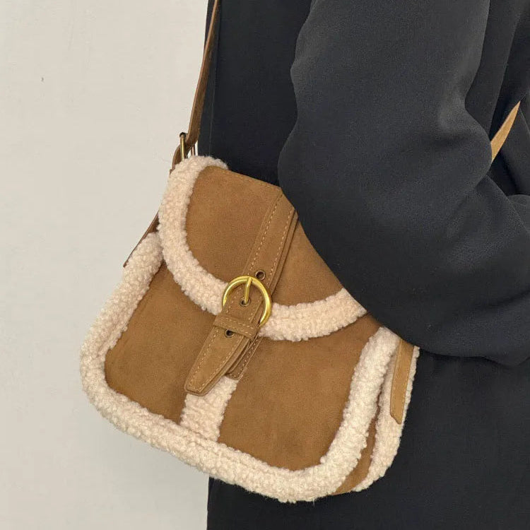 Flop-over suede handbag with fake fur