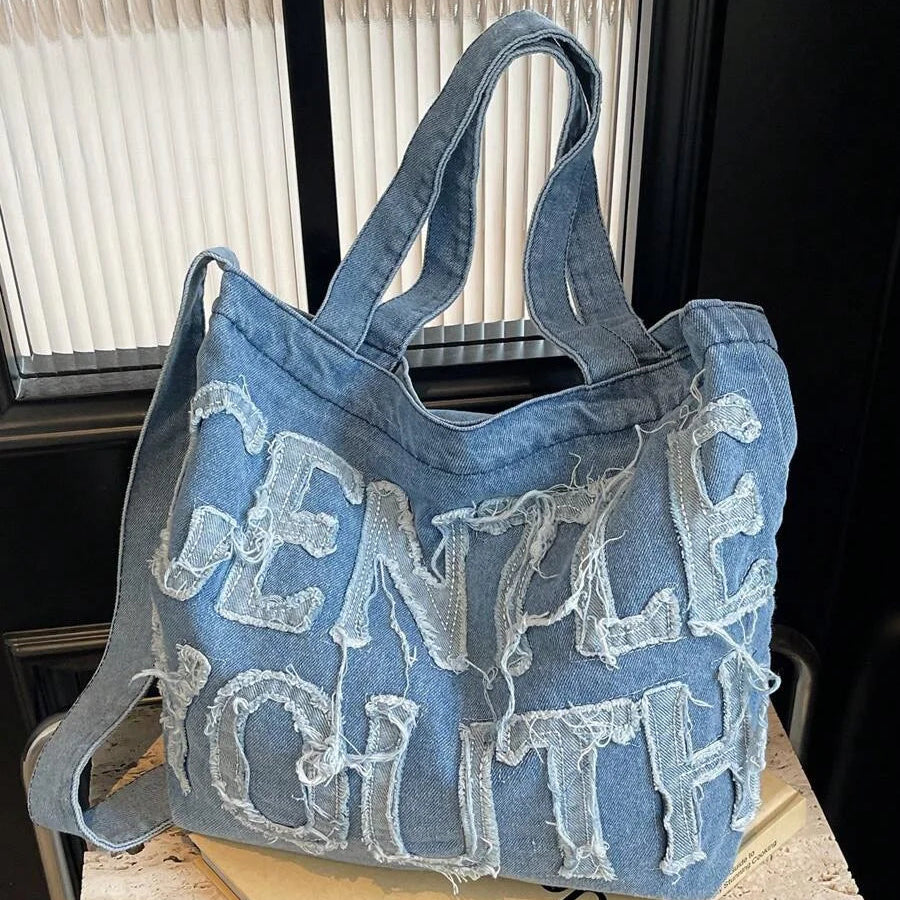 Foldable denim tote bag