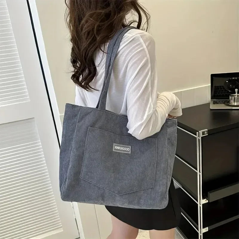 Large capacity corduroy shoulder tote bag