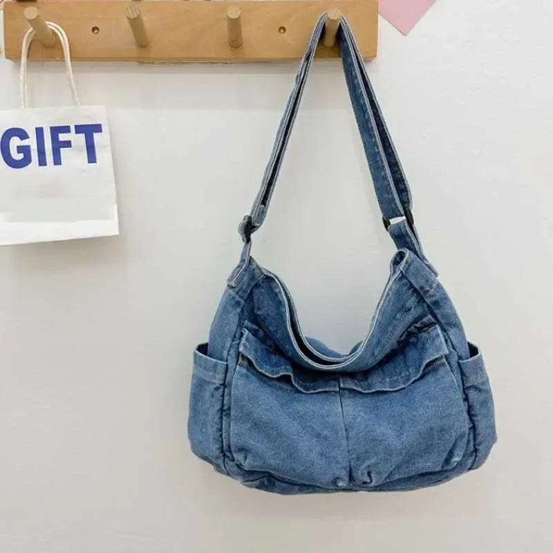 Denim top-handle handbag