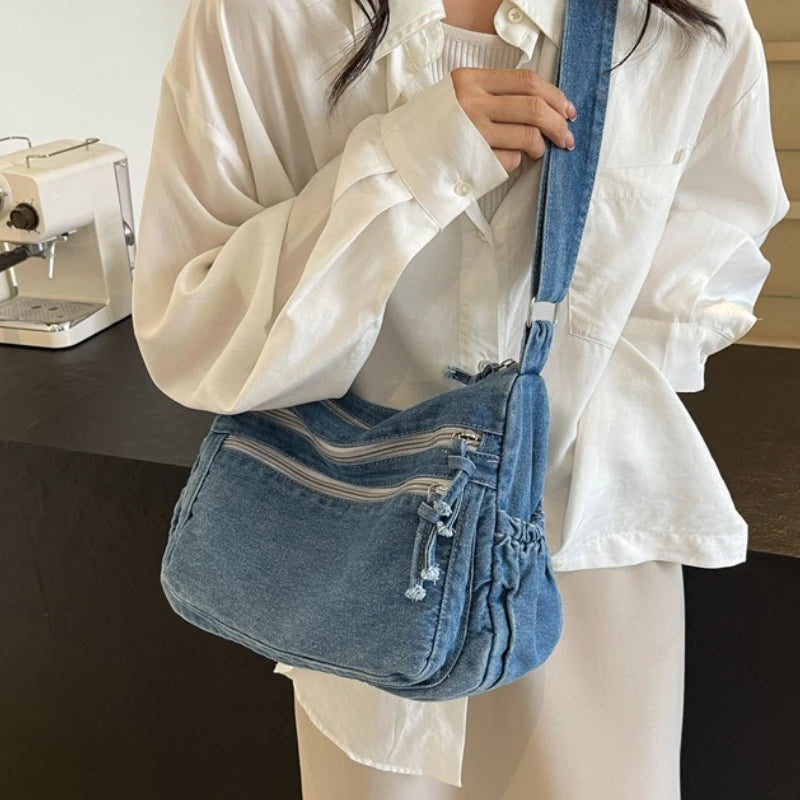 Multi-pockets denim shoulder bag for women