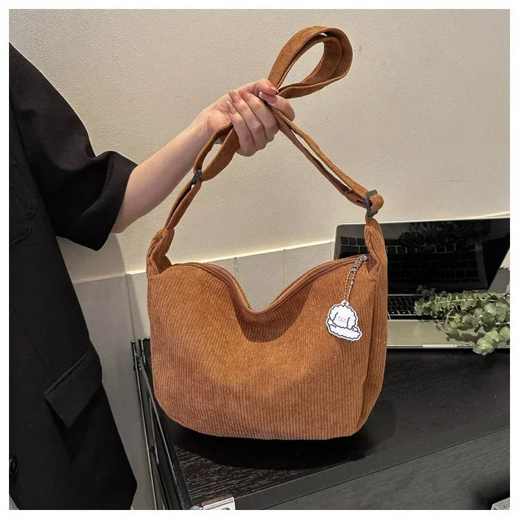 Corduroy handbag with adjustable shoulder strap