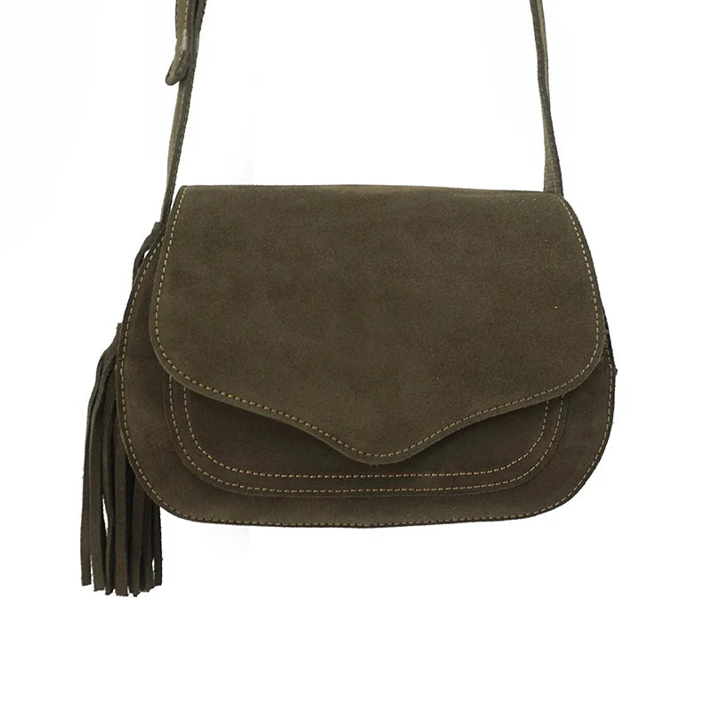 Fold-over suede shoulder bag