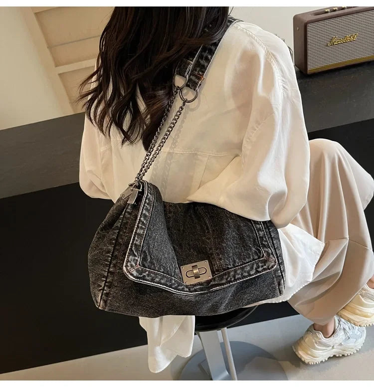 Large capacity denim handbag