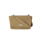 Textured suede handbag with flap closure