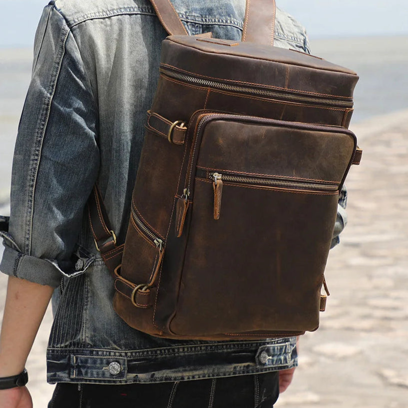 Leather travel rucksack for men