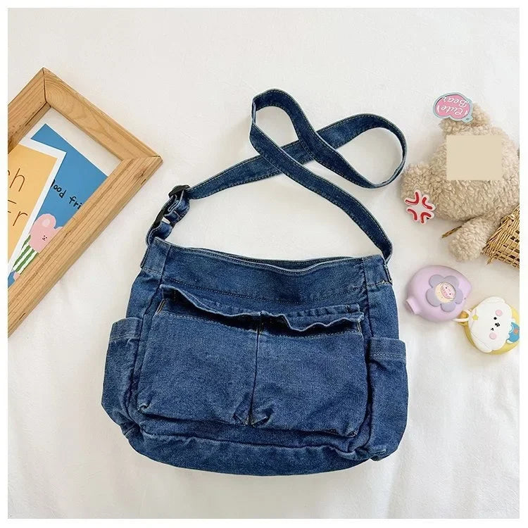 Denim top-handle handbag