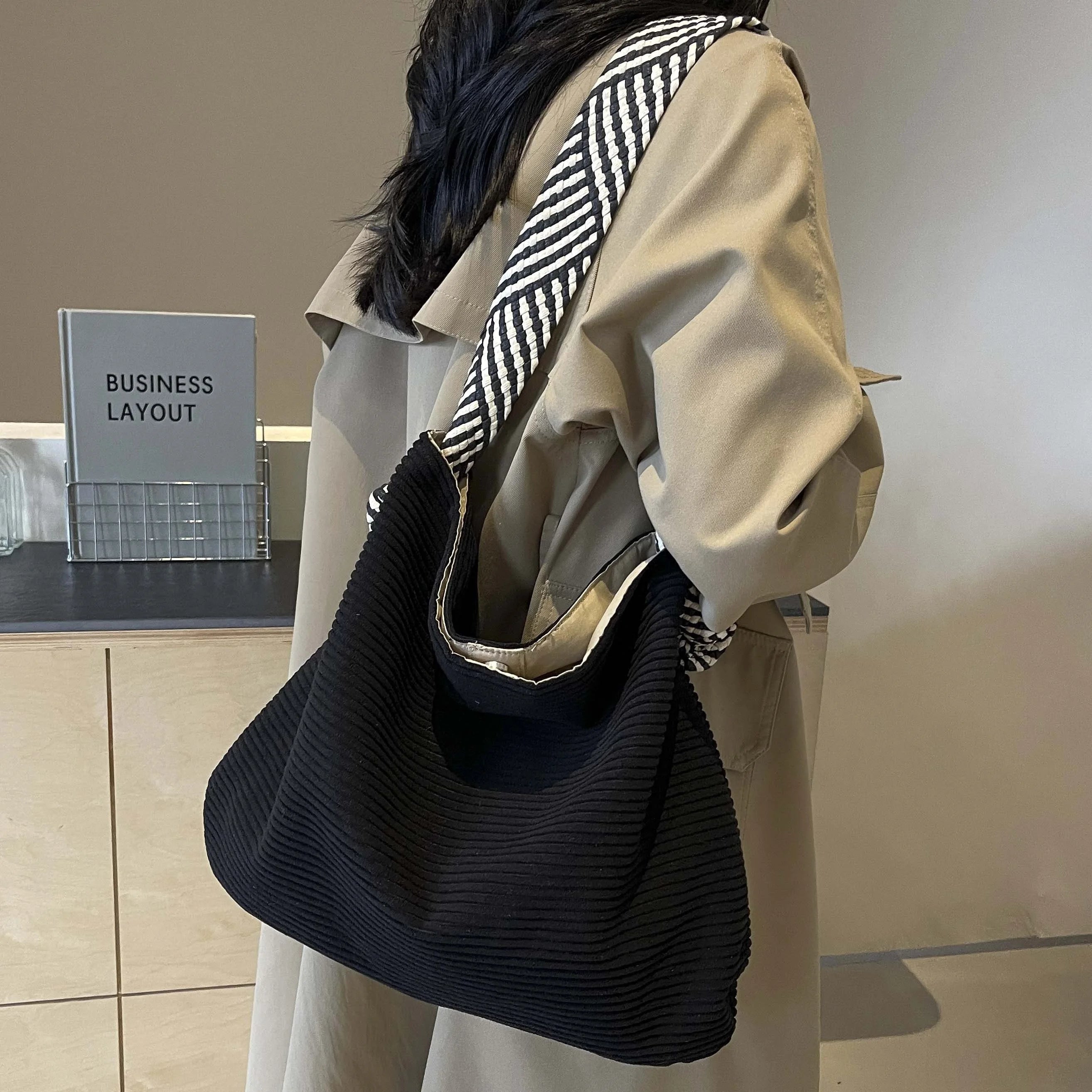 Corduroy handbag with wide shoulder strap