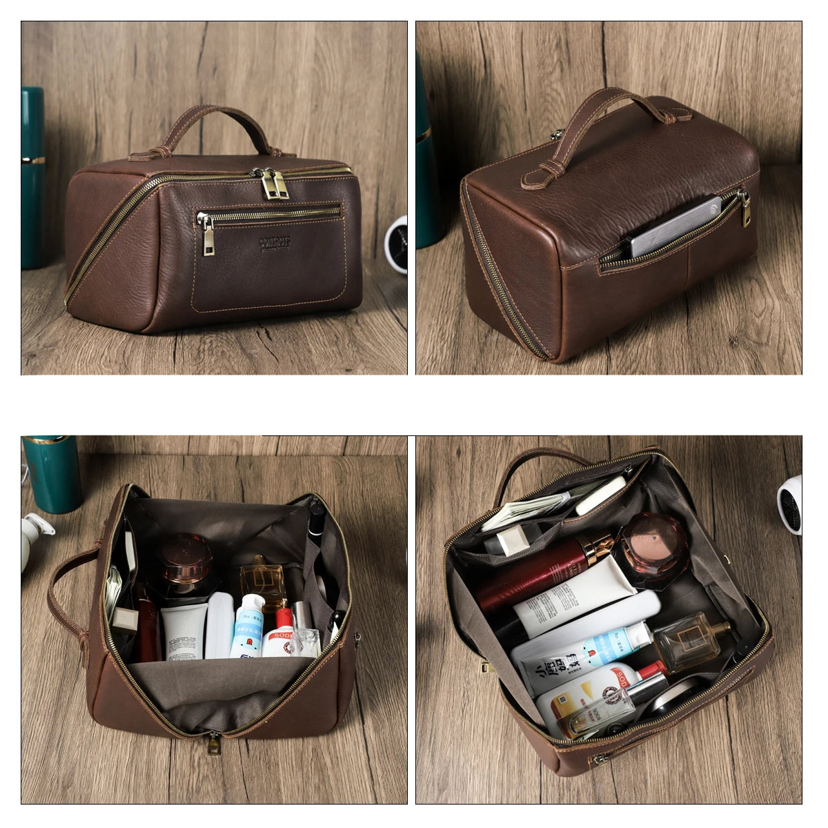 Leather travel toiletry bag