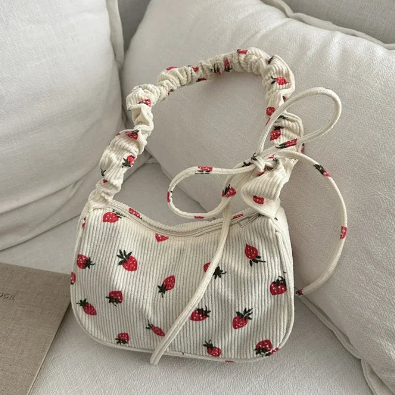 corduroy handbag with strawberry print
