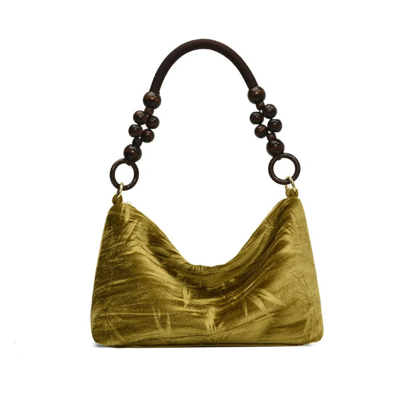 Corduroy handbag with wooden bead handle