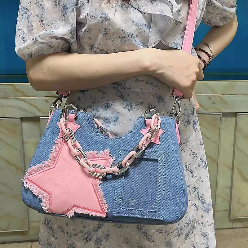 Denim handbag with star patches