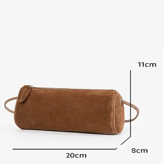 Rectangular suede purse with shoulder straps