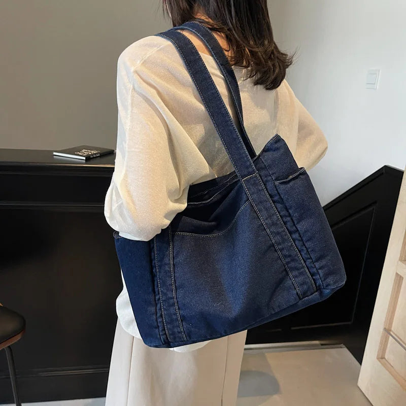 Denim shoulder tote bag