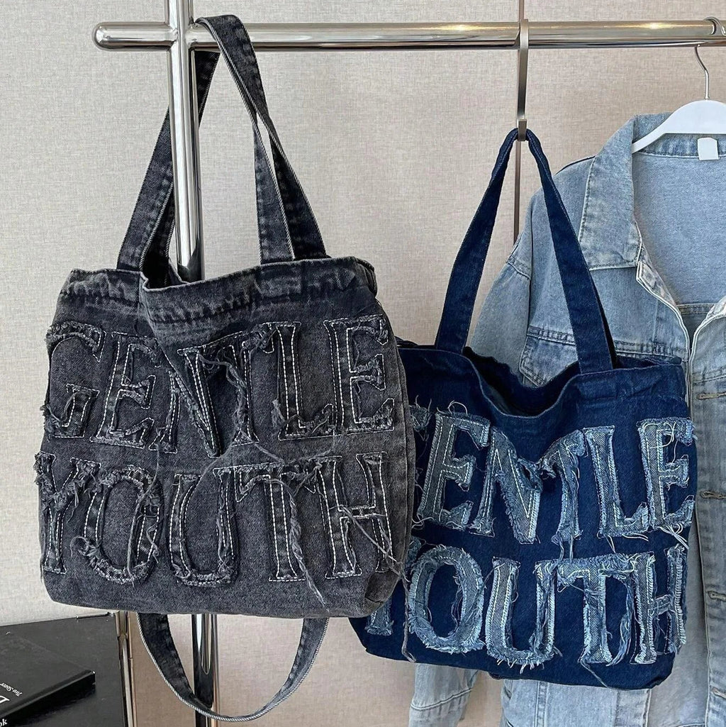 Foldable denim tote bag