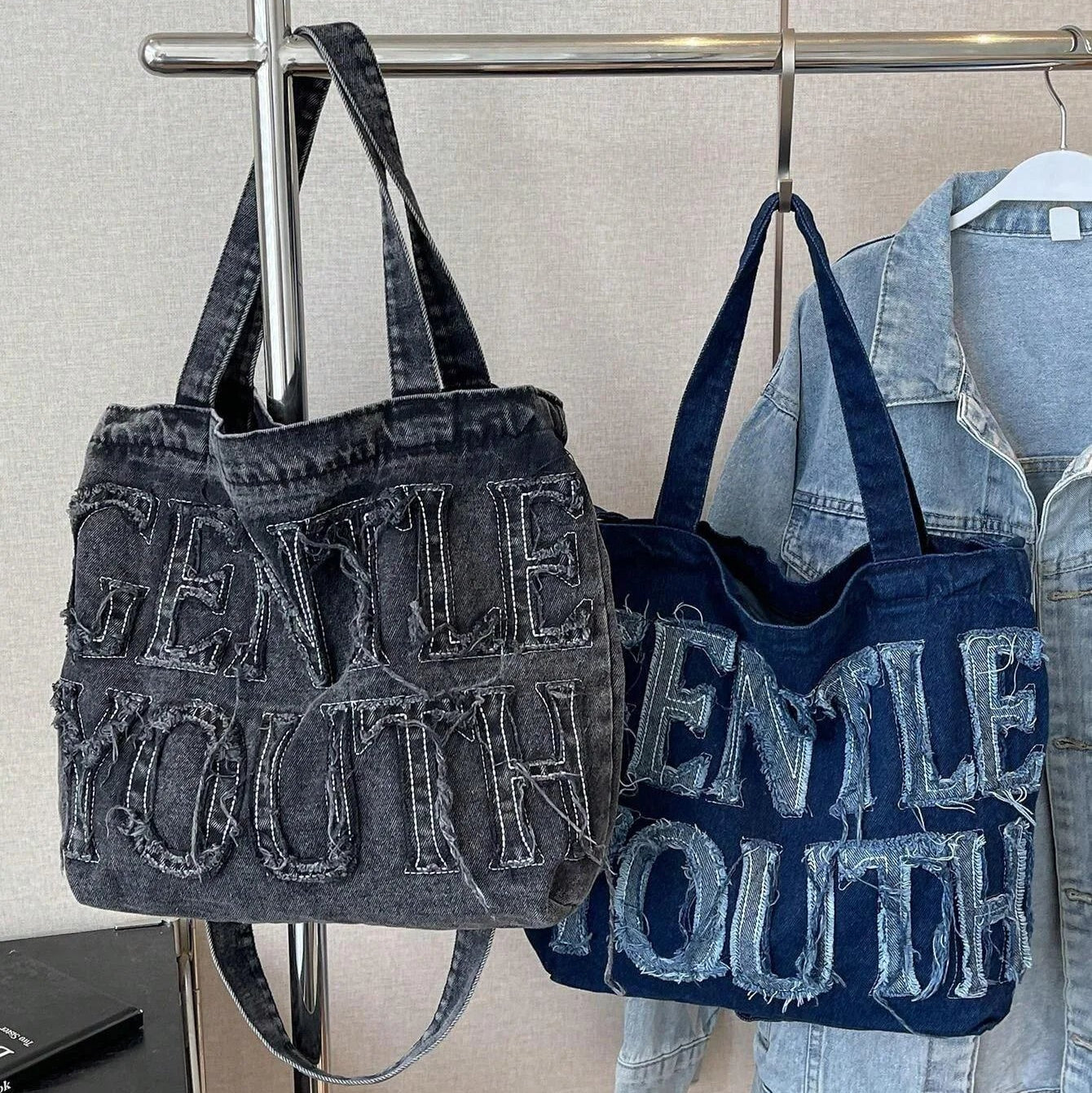 Foldable denim tote bag