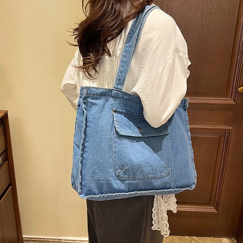 Denim tote bag with wide straps