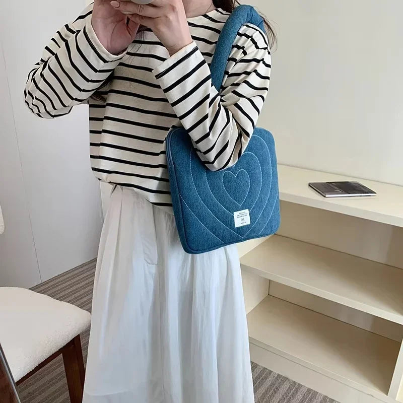 Bowknot heart denim laptop bag