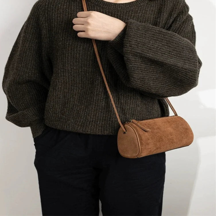 Rectangular suede purse with shoulder straps