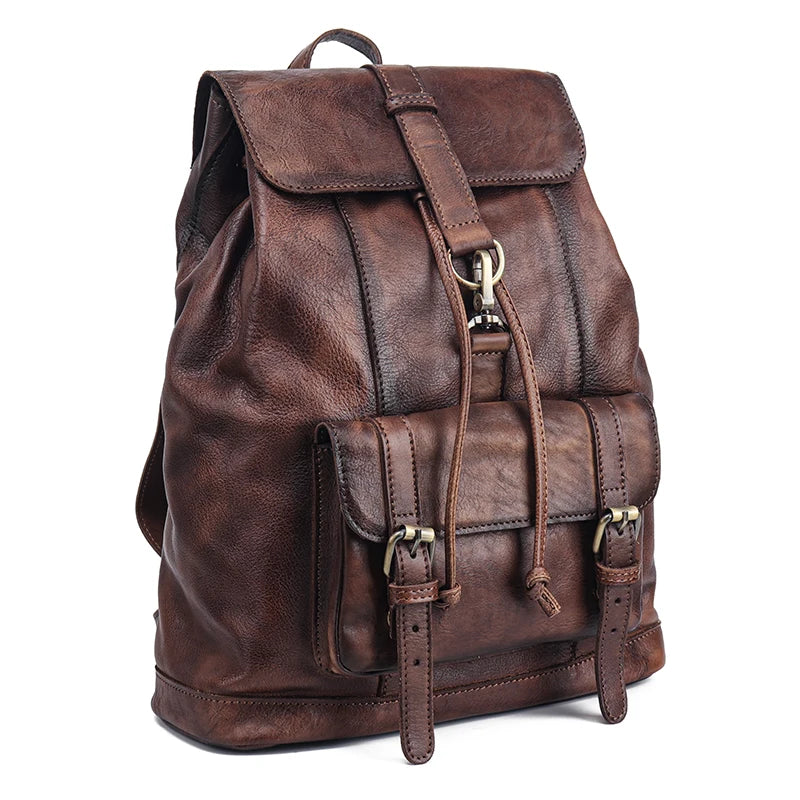Retro leather rucksack with drawstring closure