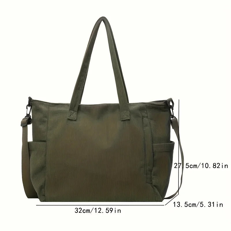 Corduroy tote bag with zipper closure and pockets