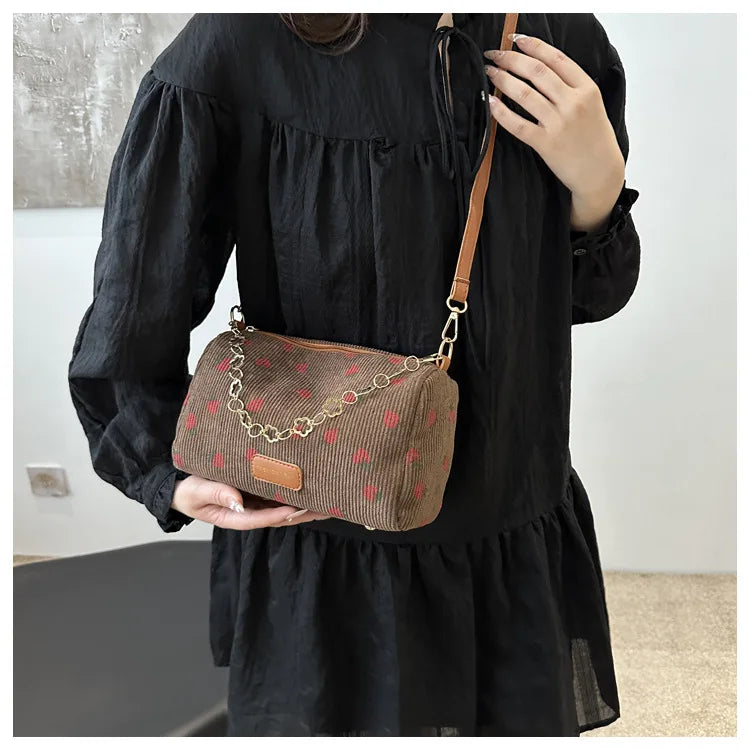corduroy handbag with strawberry print