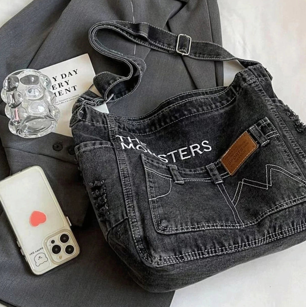 Distressed denim tote bag