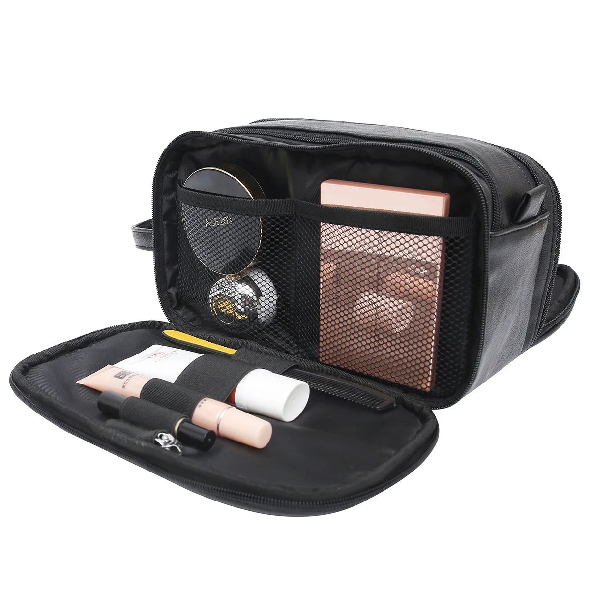 Fold-out leather travel toiletry bag