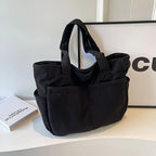 Large corduroy shoulder tote bag with multiple pockets
