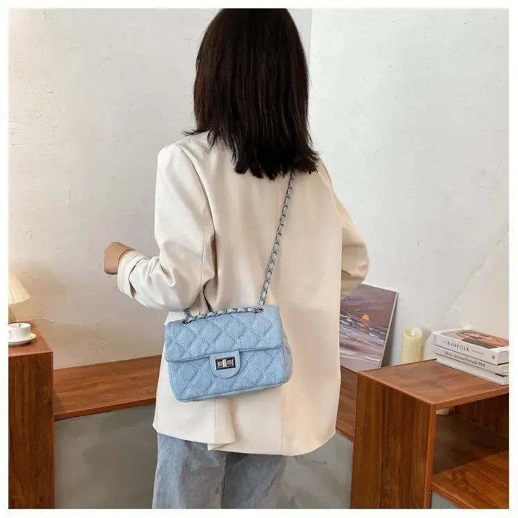 Compact flap denim handbag