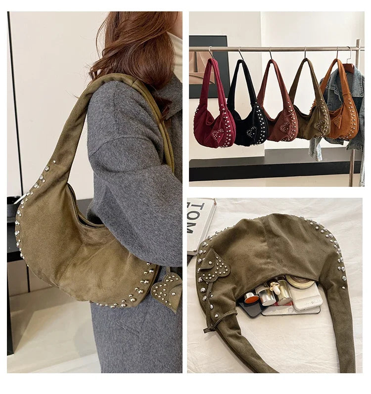 Chic suede shoulder bag with decorative strass