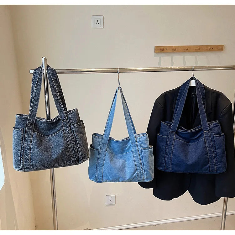 Denim shoulder tote bag