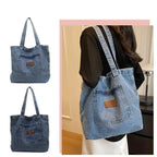 Fashion denim tote bag with leather patch