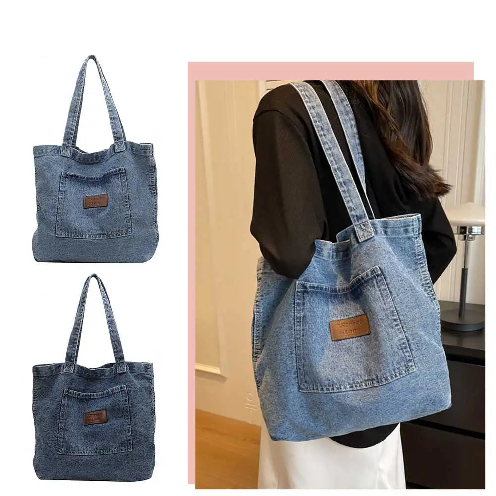 Fashion denim tote bag with leather patch