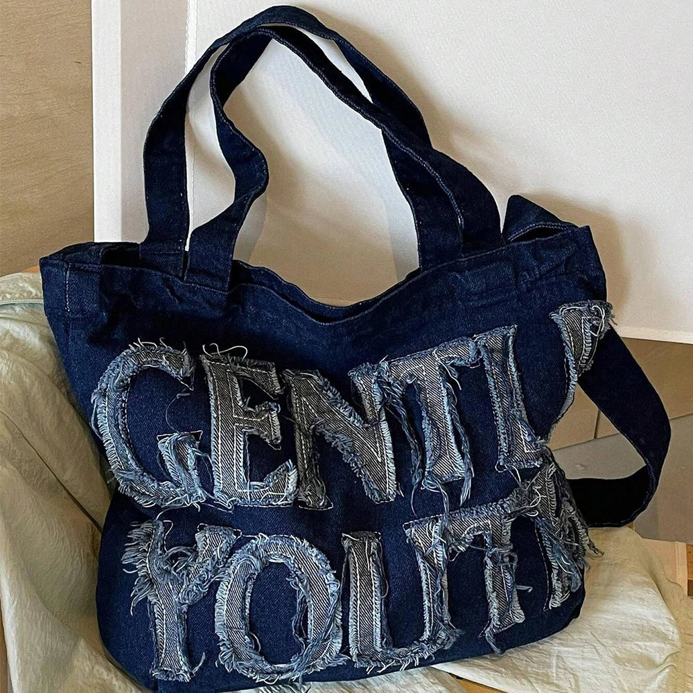 Foldable denim tote bag