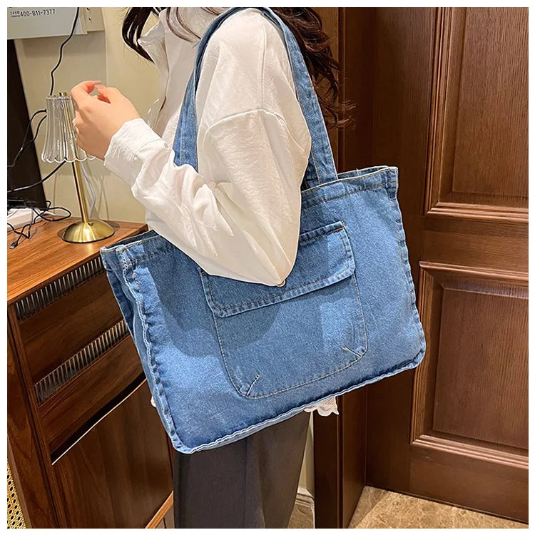 Denim tote bag with wide straps