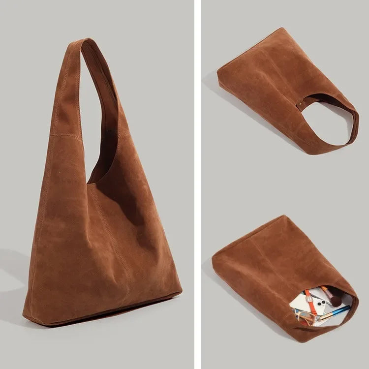 Suede hobo slouch bag with wide handle strap