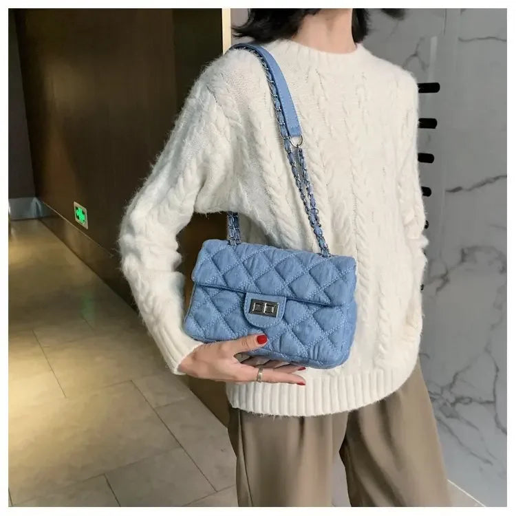 Compact flap denim handbag