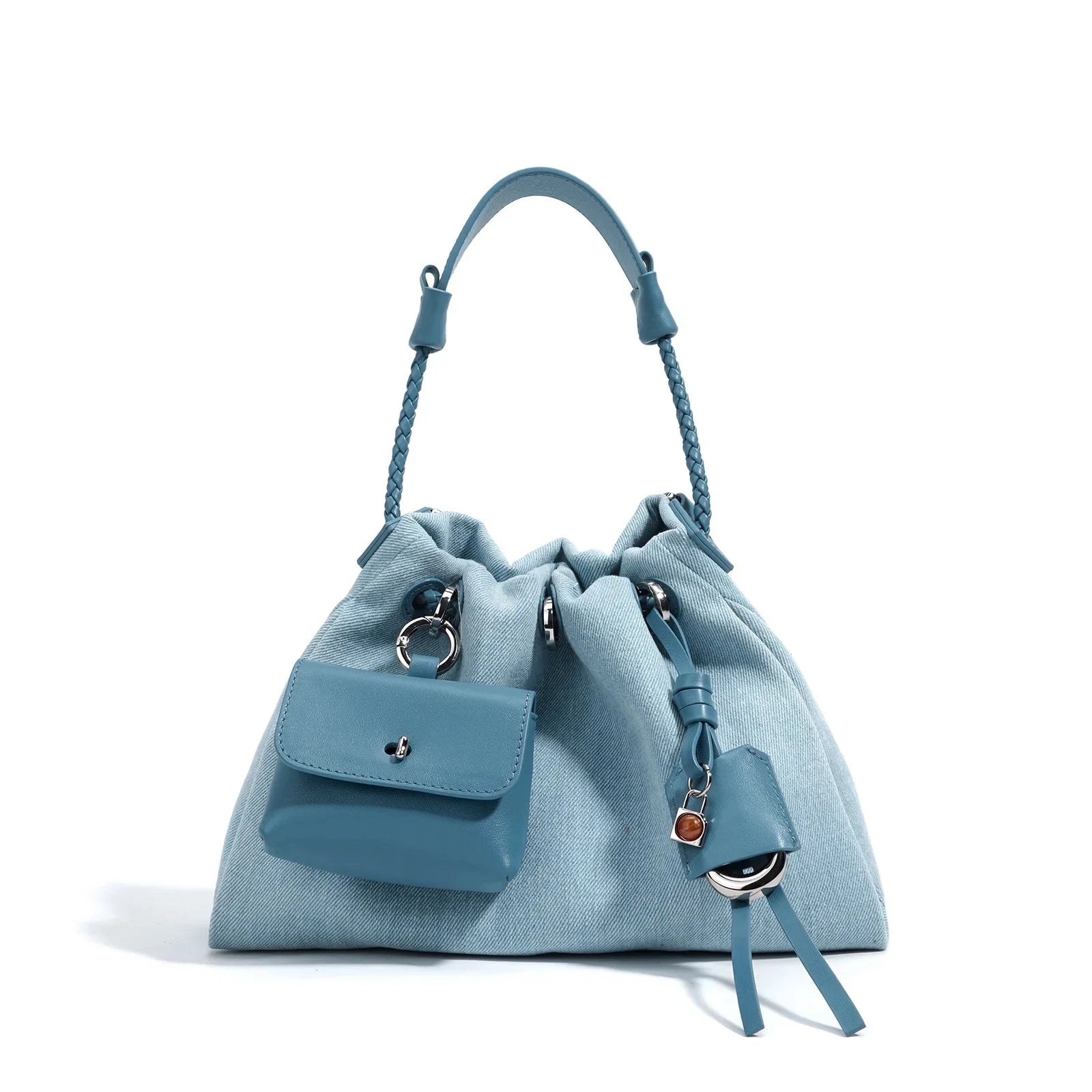 Denim handbag with external pockets
