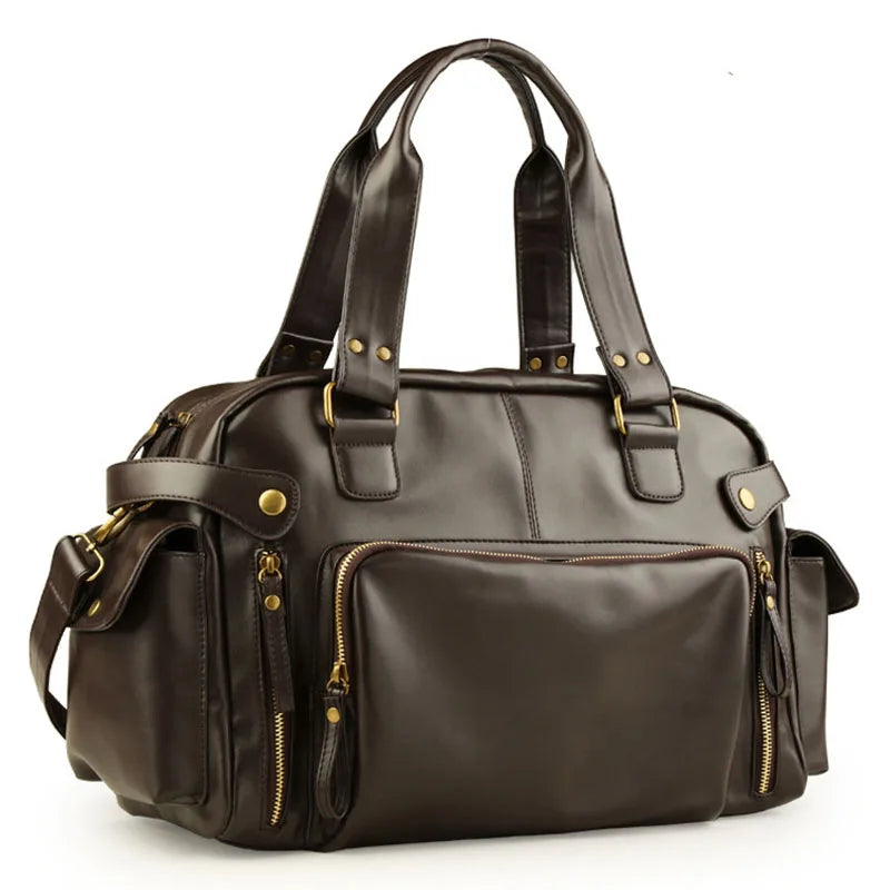 Rugged leather duffle bag with side pockets