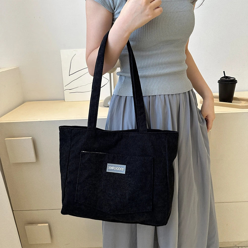 Large capacity corduroy shoulder tote bag