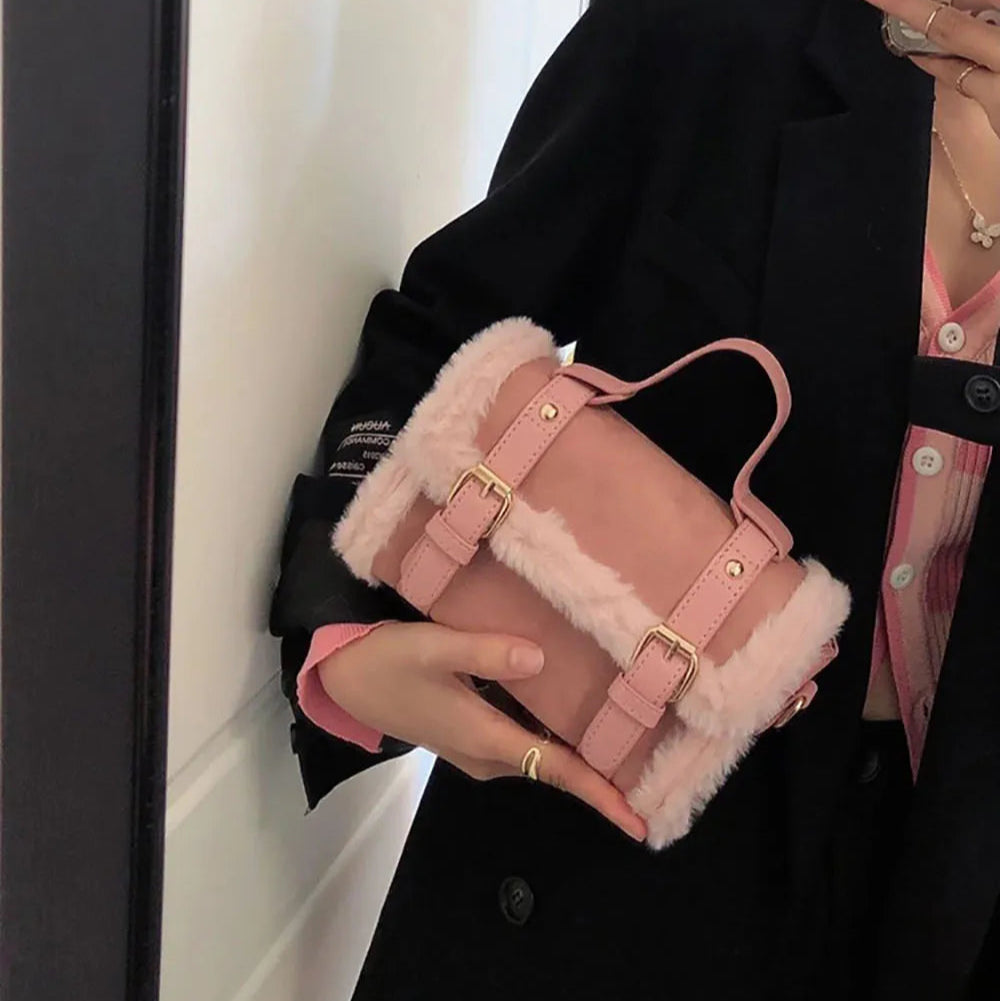 Suede shoulder handbag with fake fur