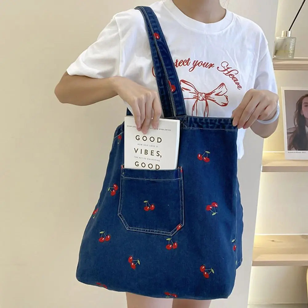 Denim tote bag with embroidery