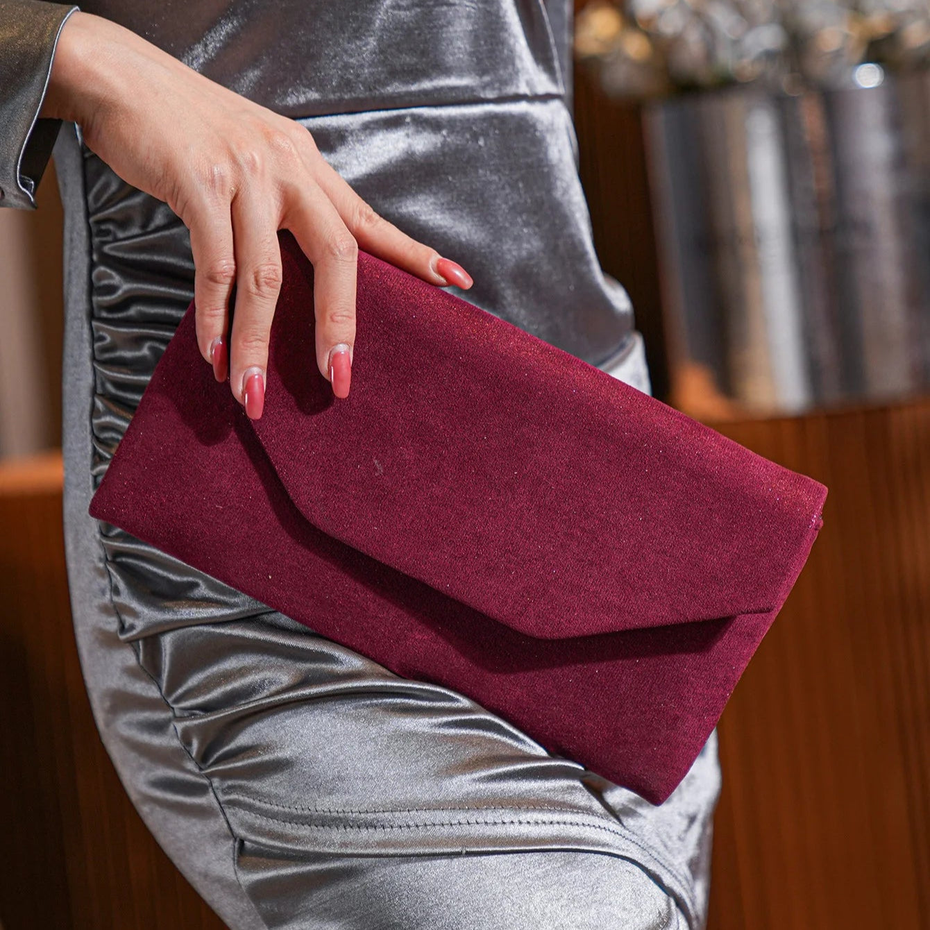 Corduroy envelope clutch bag with magnetic closure